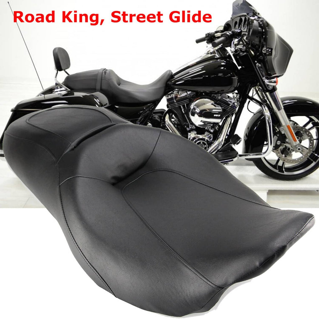 Black two-up motorcycle seat with contoured rider surface and stitched center panel.