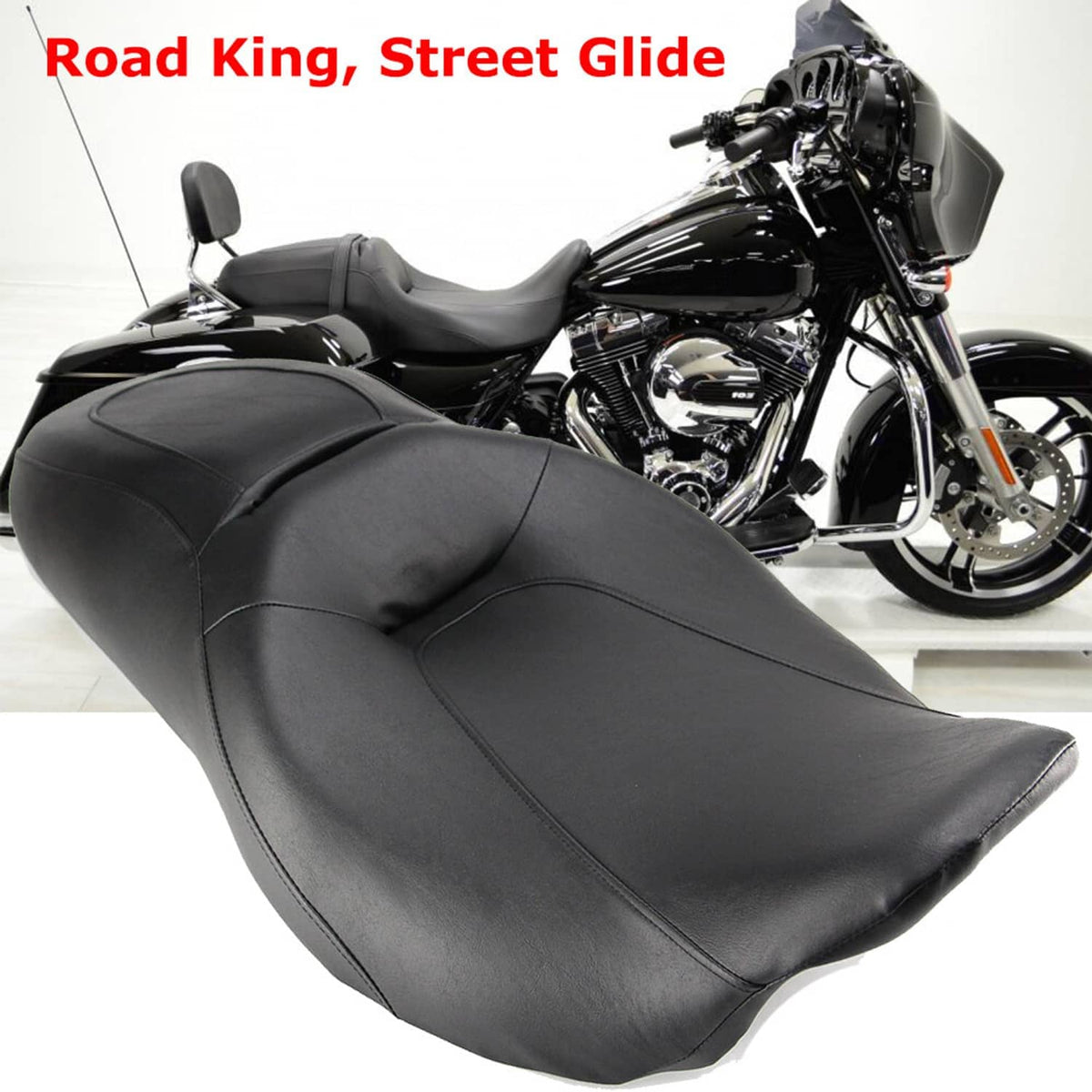 Black two-up motorcycle seat with contoured rider surface and stitched center panel.
