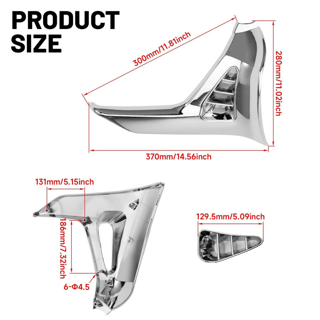 Modified triangle fairing cover with dimensions diagram, chrome/silver vented design