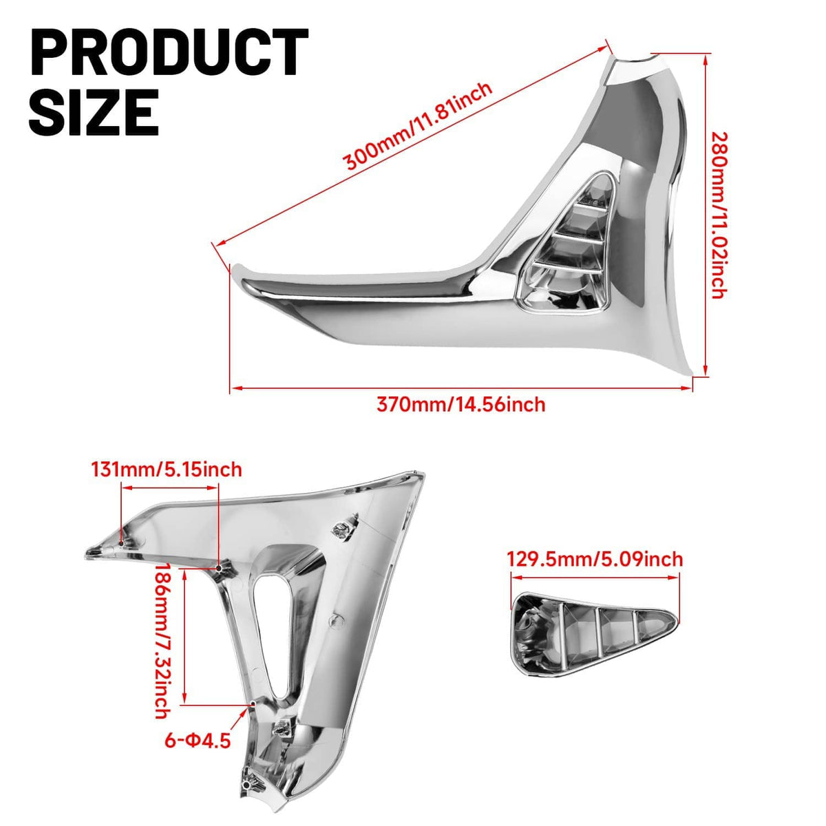 Modified triangle fairing cover with dimensions diagram, chrome/silver vented design