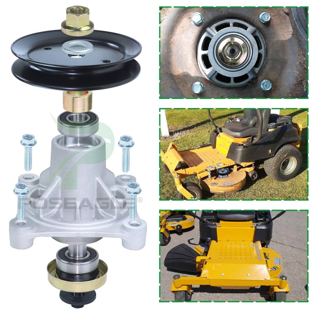 Lawn mower spindle pulley assembly with black pulleys and silver cast housing