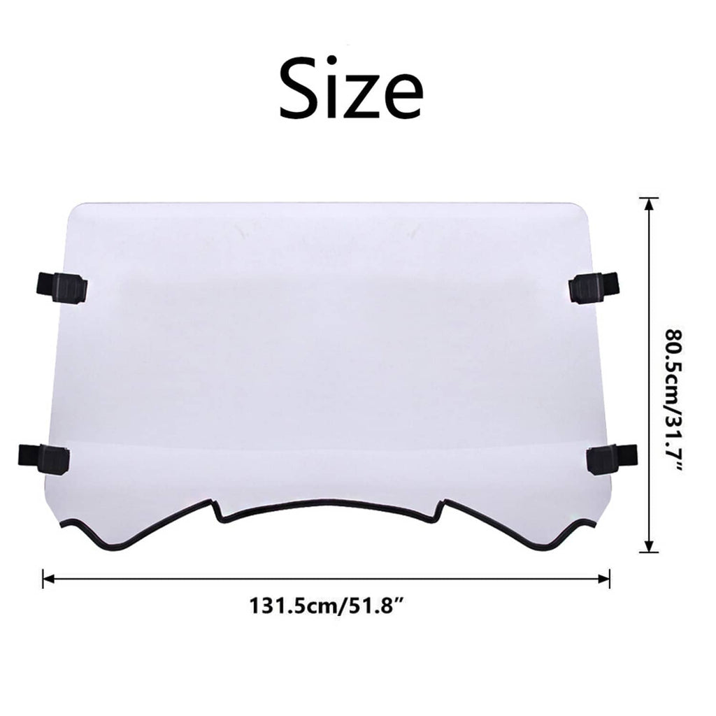 Clear UTV windshield panel with black corner clamps and curved bottom profile