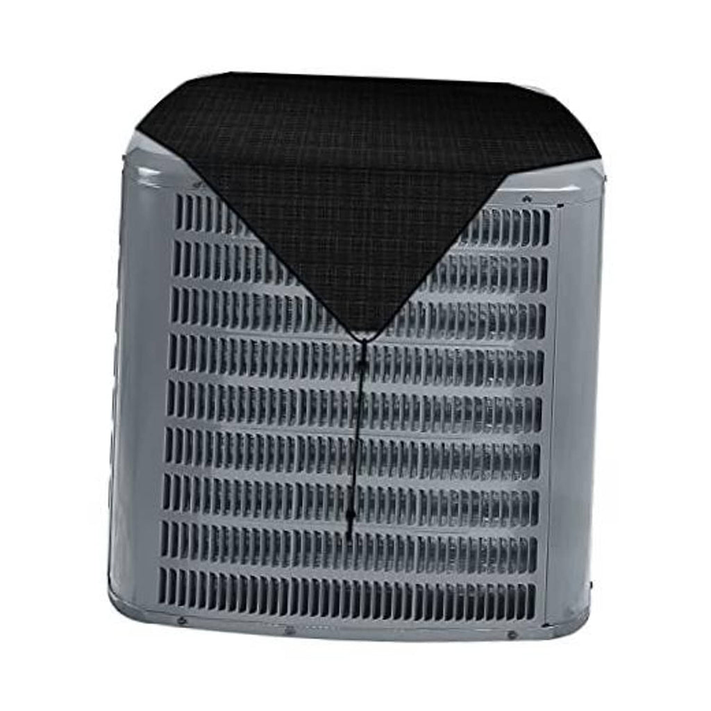 Black waterproof outdoor AC unit cover with V-shaped front panel and vent cutouts