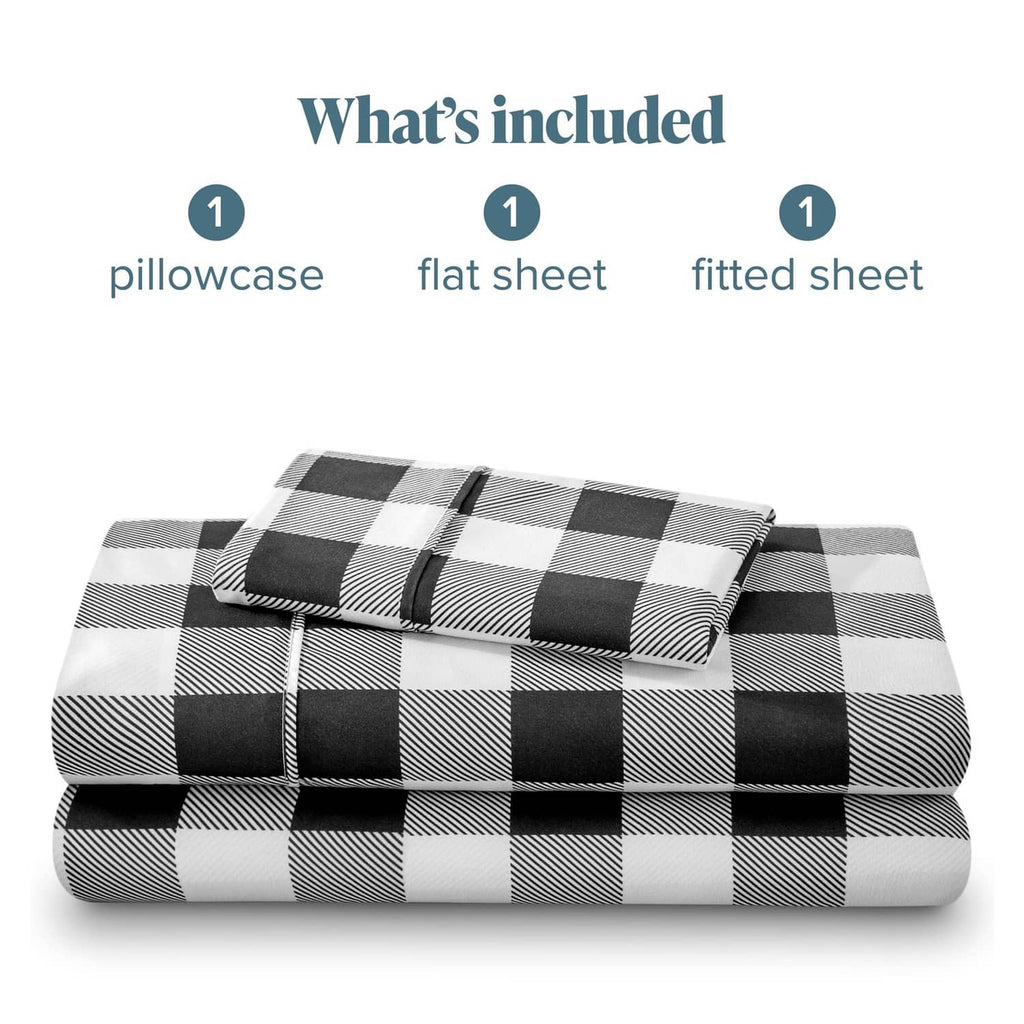 Twin sheet set includes pillowcase, flat sheet, and fitted sheet, folded for display
