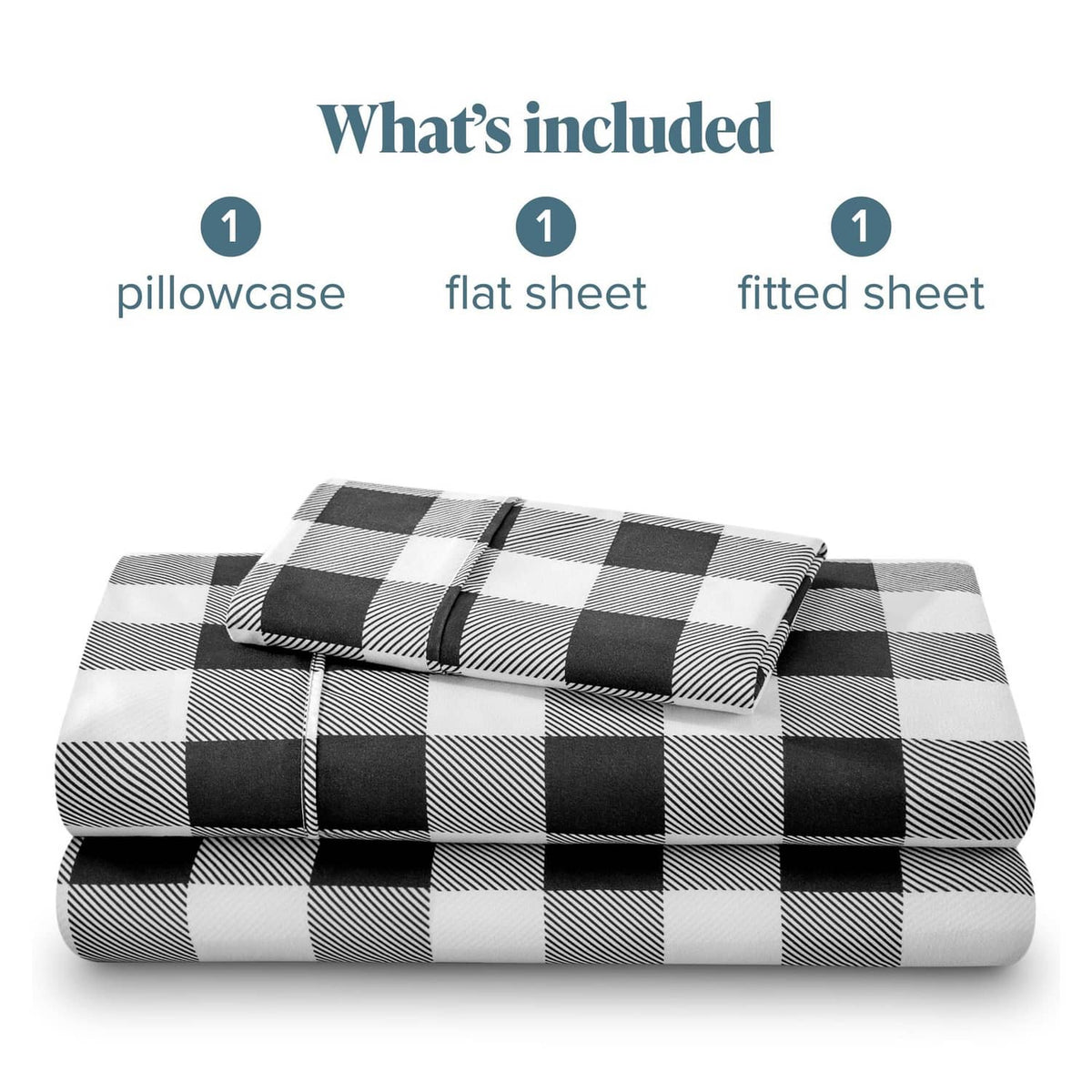 Twin sheet set includes pillowcase, flat sheet, and fitted sheet, folded for display