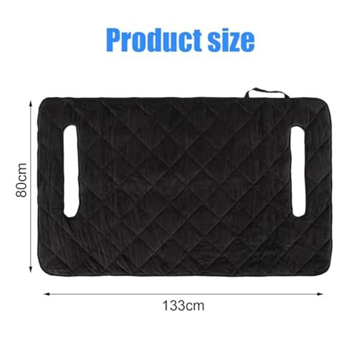 Black quilted rectangular seat cover with side handle cutouts