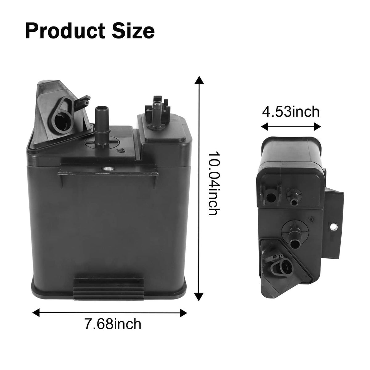 Fuel vapor charcoal canister showing side view with inlet ports and bracket details