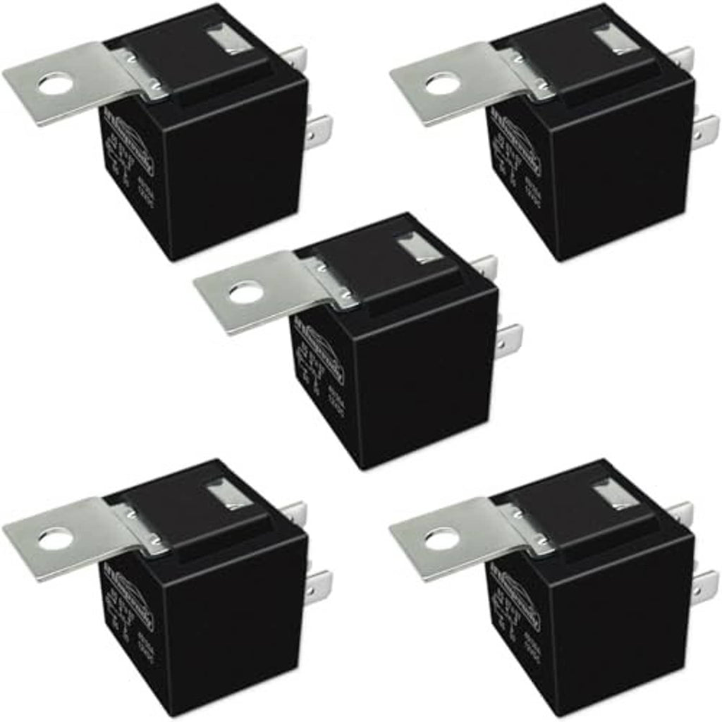 Black 12V SPDT automotive relays, metal tabs, 5-pin housings (3-pack view)