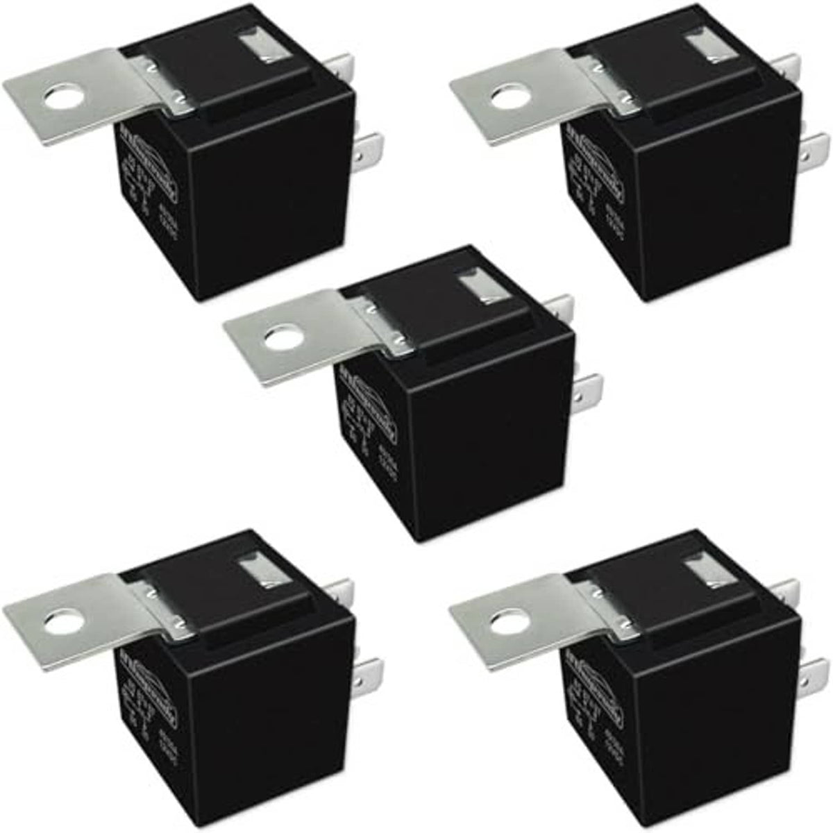 Black 12V SPDT automotive relays, metal tabs, 5-pin housings (3-pack view)