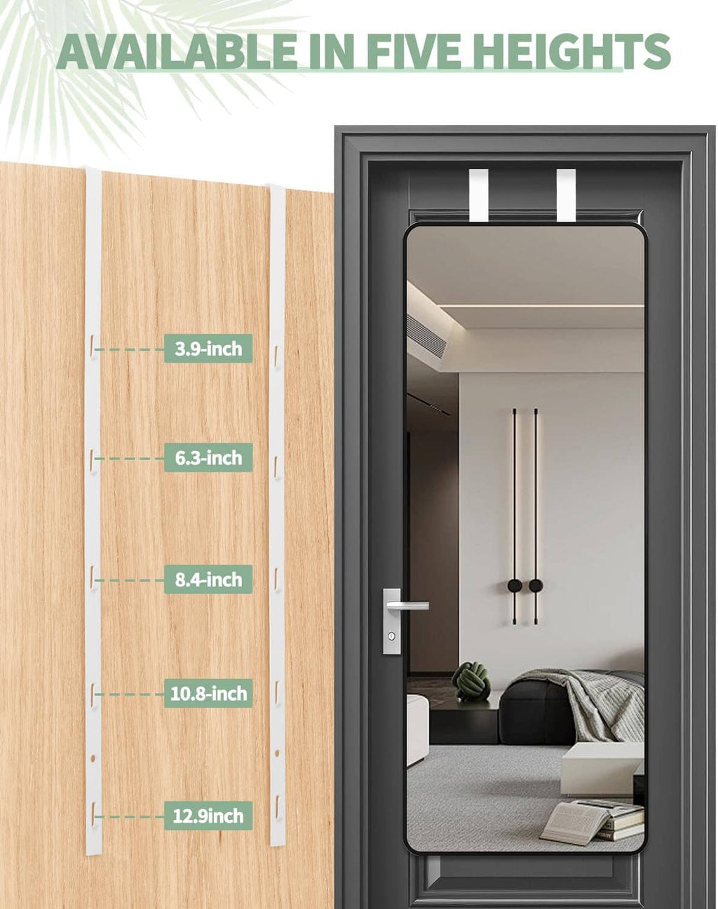 Over-the-door mirror hanger supports multiple heights with five-hole adjustment