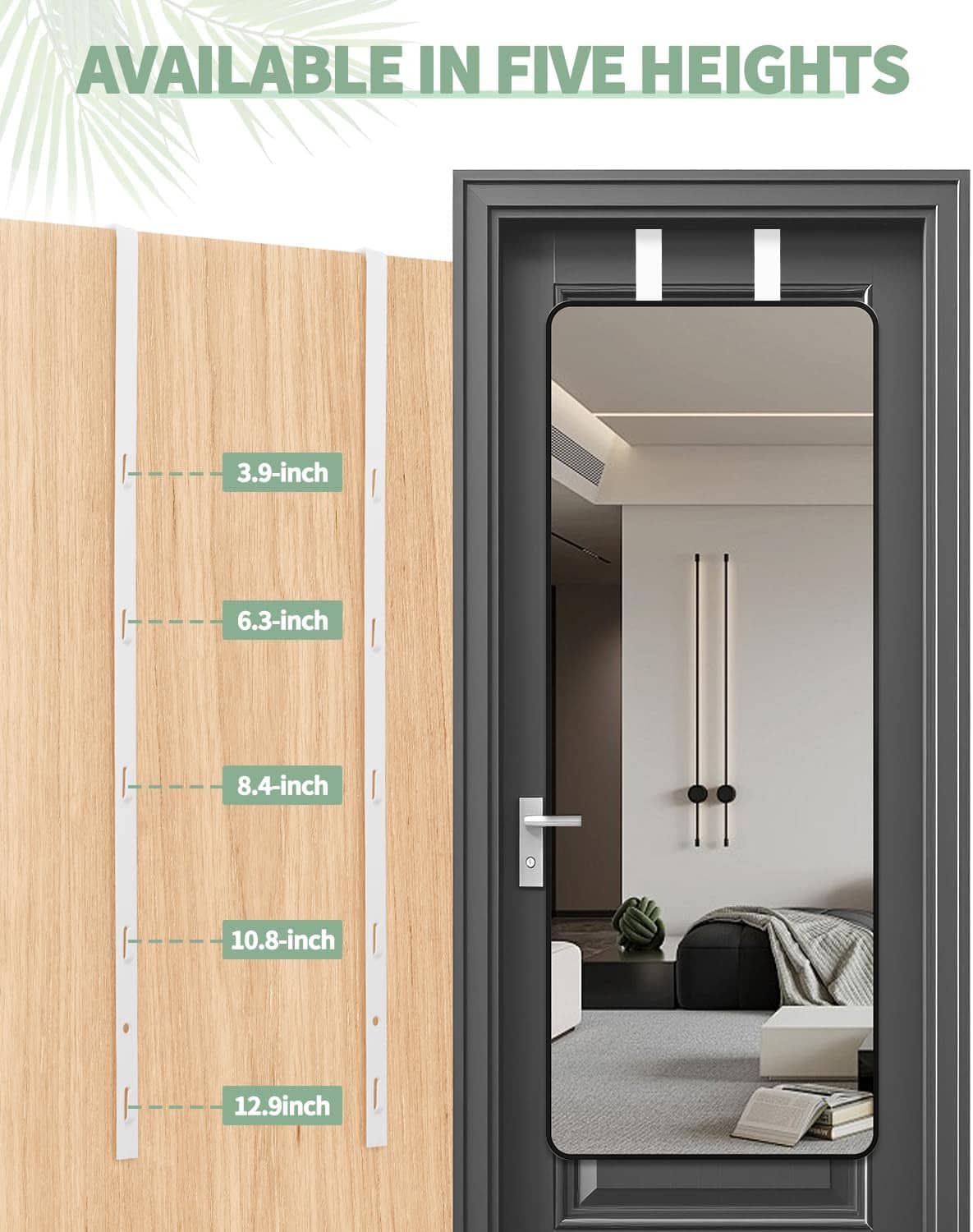 Over-the-door mirror hanger supports multiple heights with five-hole adjustment
