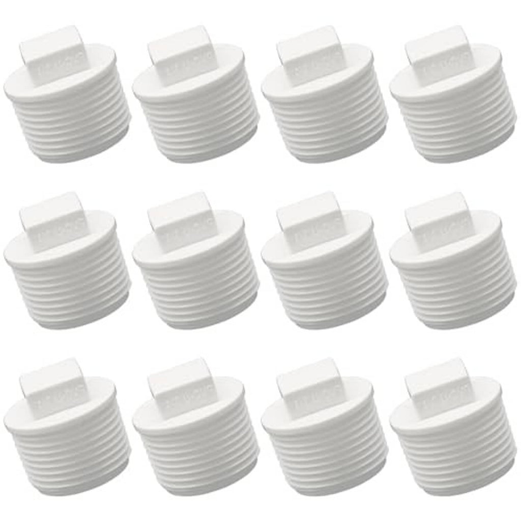 White PVC male-thread pipe end cap plug adapters, stacked set of 12