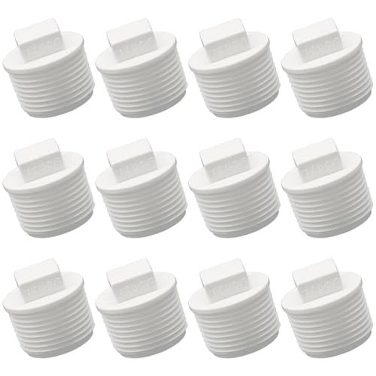 White PVC male-thread pipe end cap plug adapters, stacked set of 12