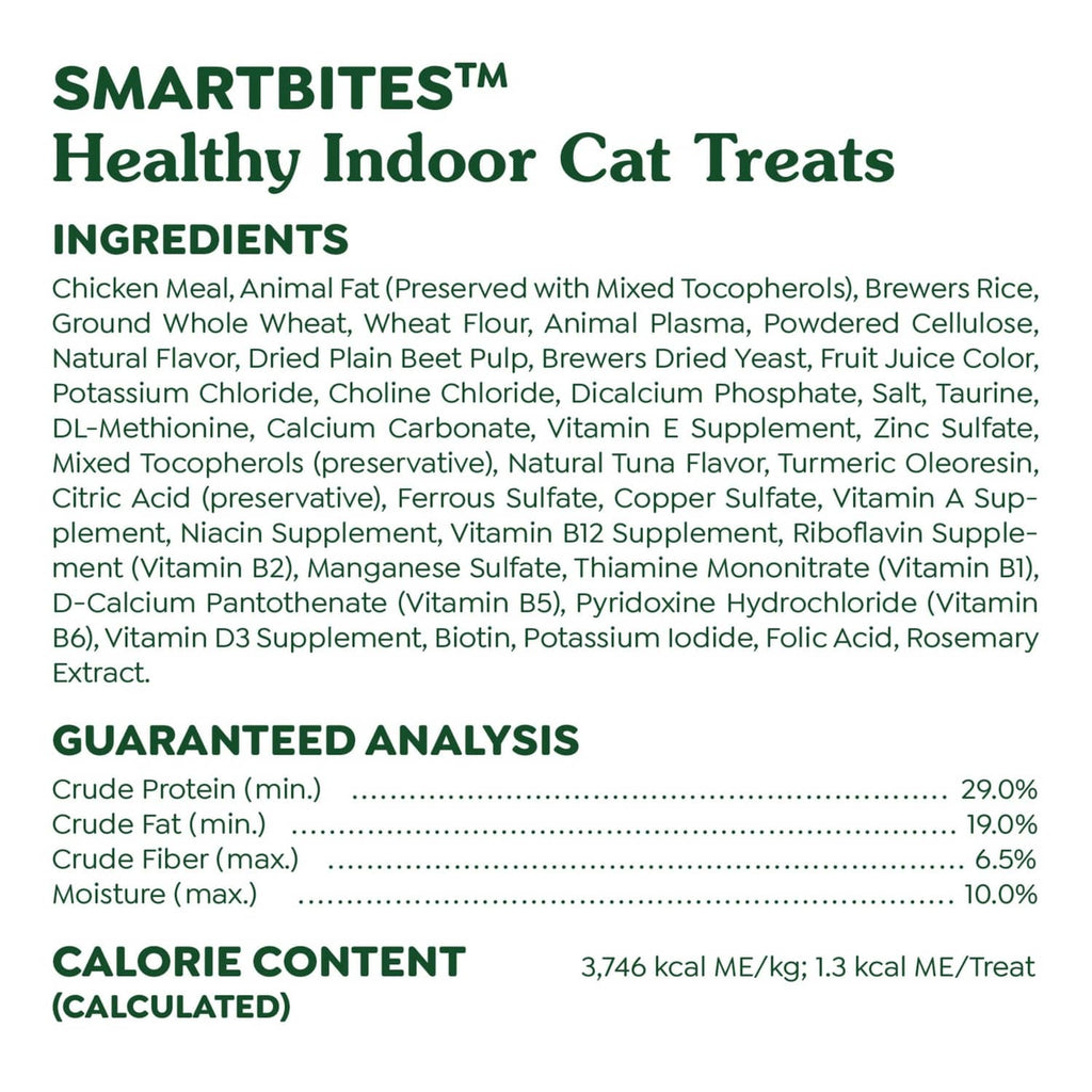 Greenies Smartbites healthy indoor cat treats label panel with ingredients and analysis