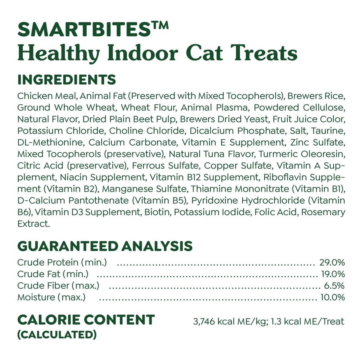 Greenies Smartbites healthy indoor cat treats label panel with ingredients and analysis