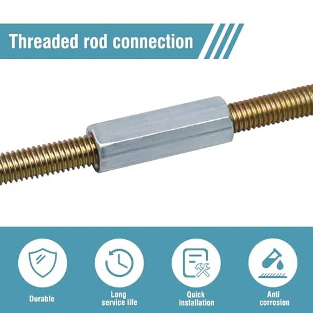Silver hex coupling nut joining two threaded rods with coarse UNC threads
