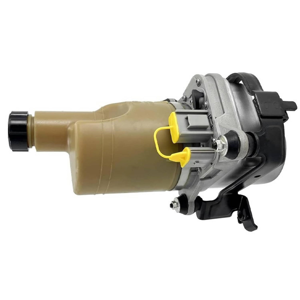 Electric power steering pump angled front view with beige reservoir and yellow lever details