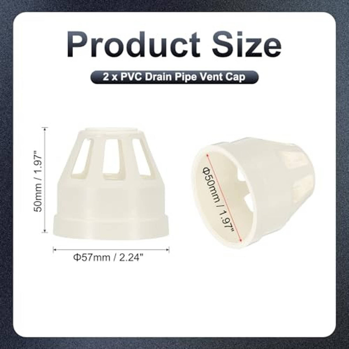 PVC drain pipe vent cap pair, white, 2-inch opening, slotted protective top