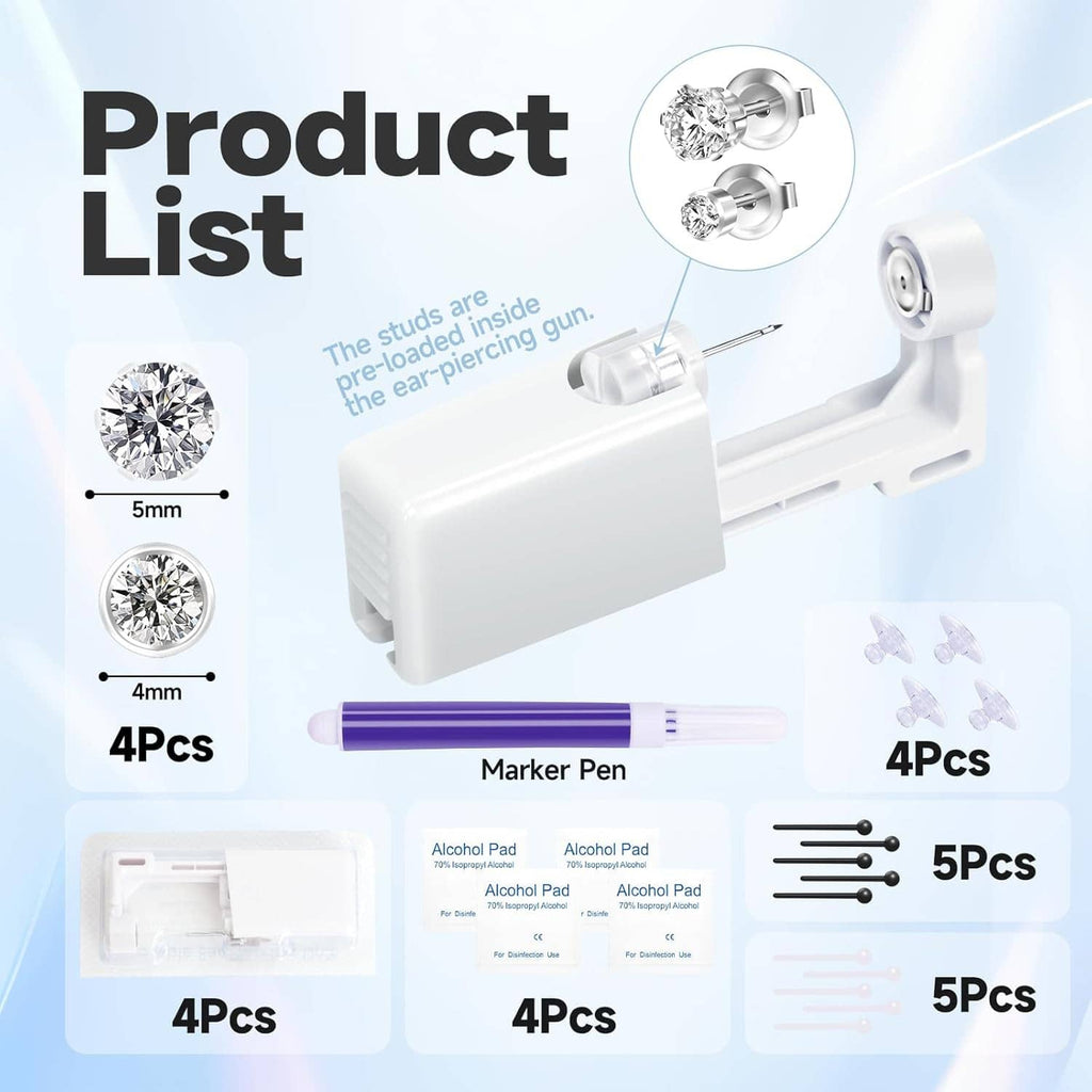 Ear piercing gun kit contents with loaded studs, marker pen, alcohol pads, and spare needles