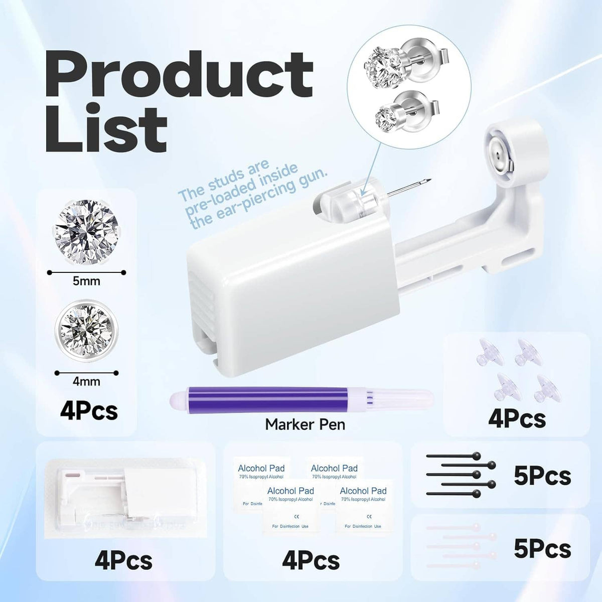 Ear piercing gun kit contents with loaded studs, marker pen, alcohol pads, and spare needles
