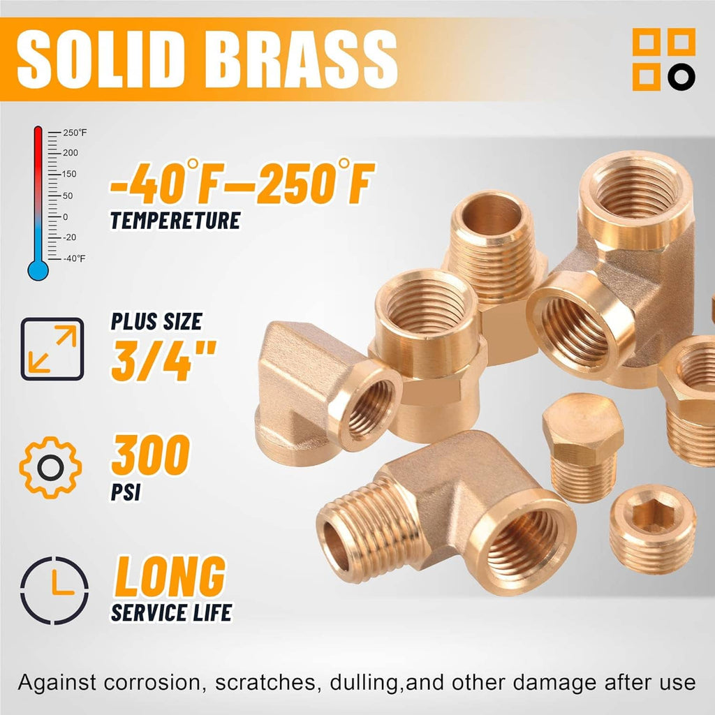 Solid brass pipe fittings with threaded ends and elbow tee connectors
