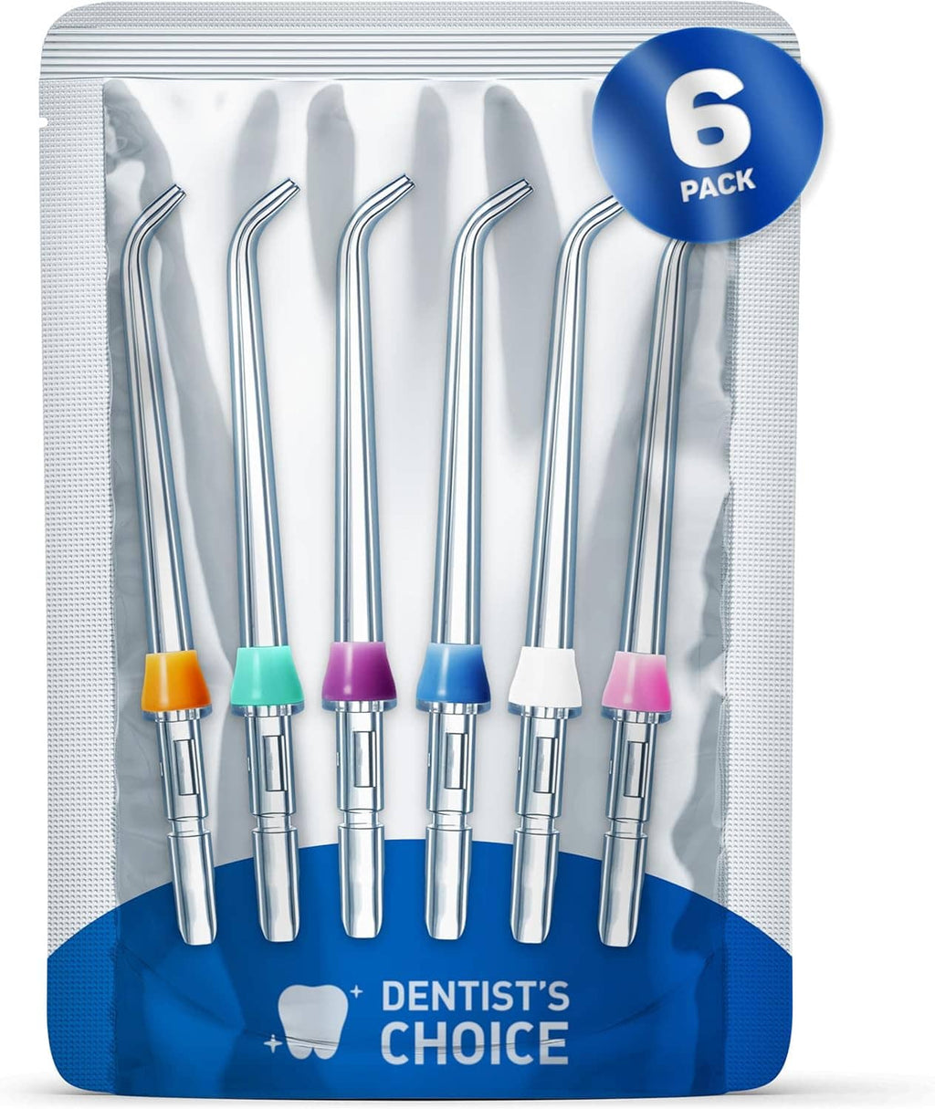 Six-pack water flosser replacement tips in pouch with colored nozzle caps
