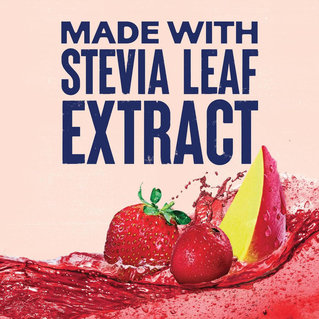 Made with stevia leaf extract strawberry mango flavor label with strawberries and mango