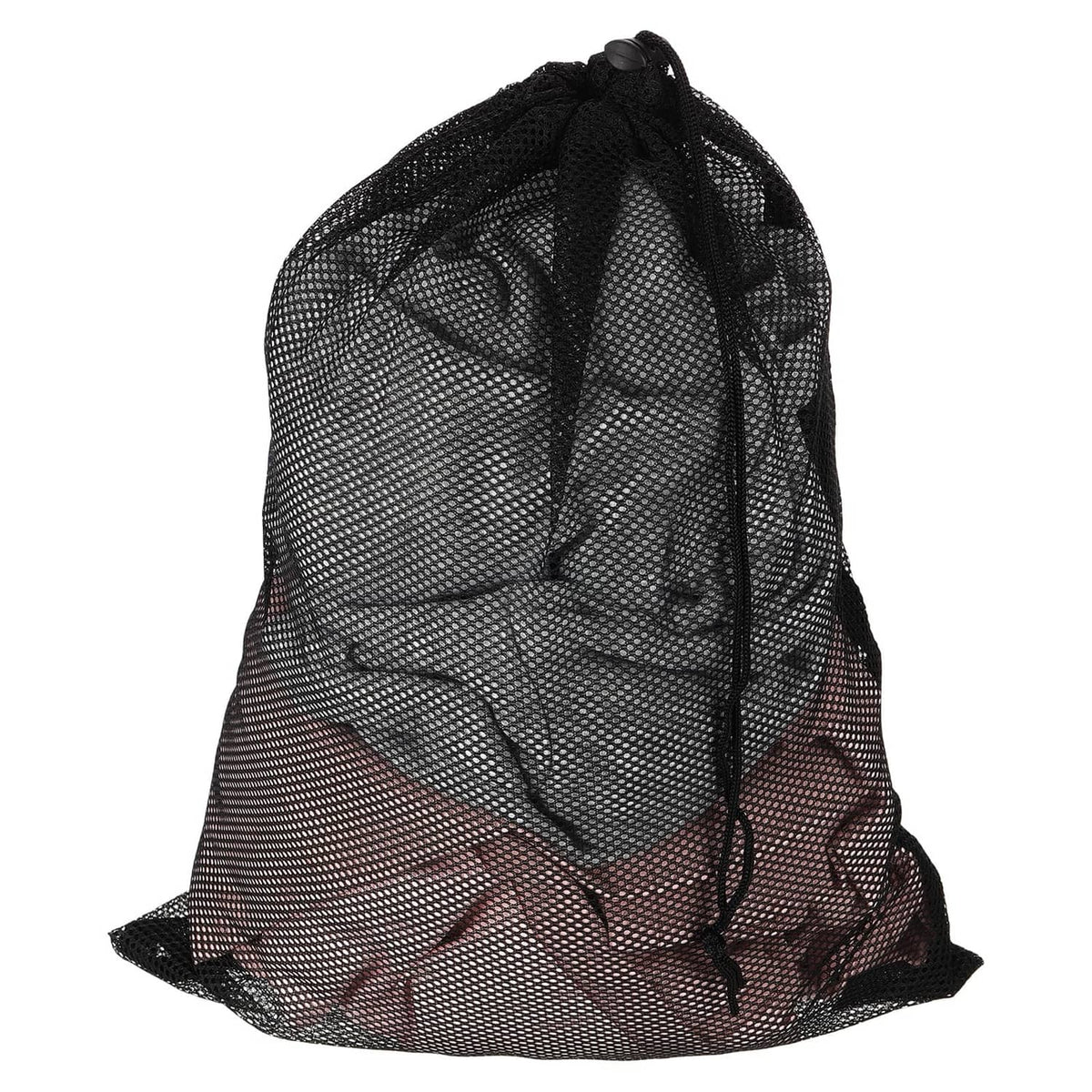 Black mesh laundry bag with drawstring closure, collapsible net with gathered top