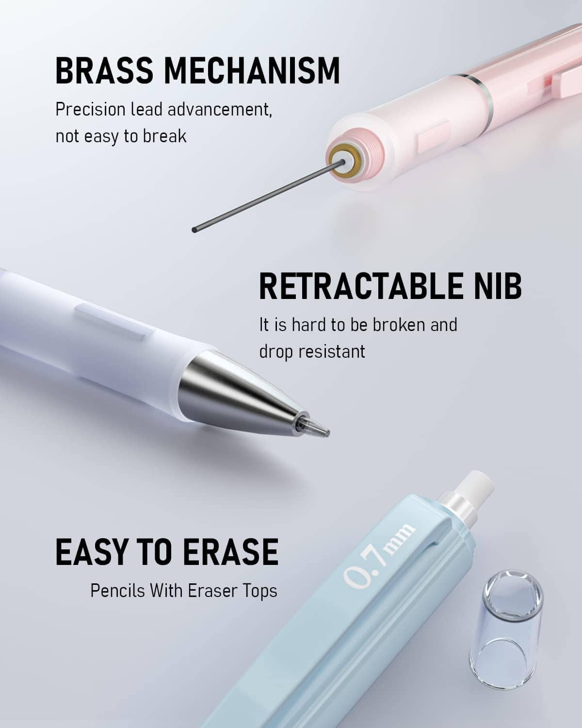 Pastel mechanical pencils showing retraction tip and eraser caps