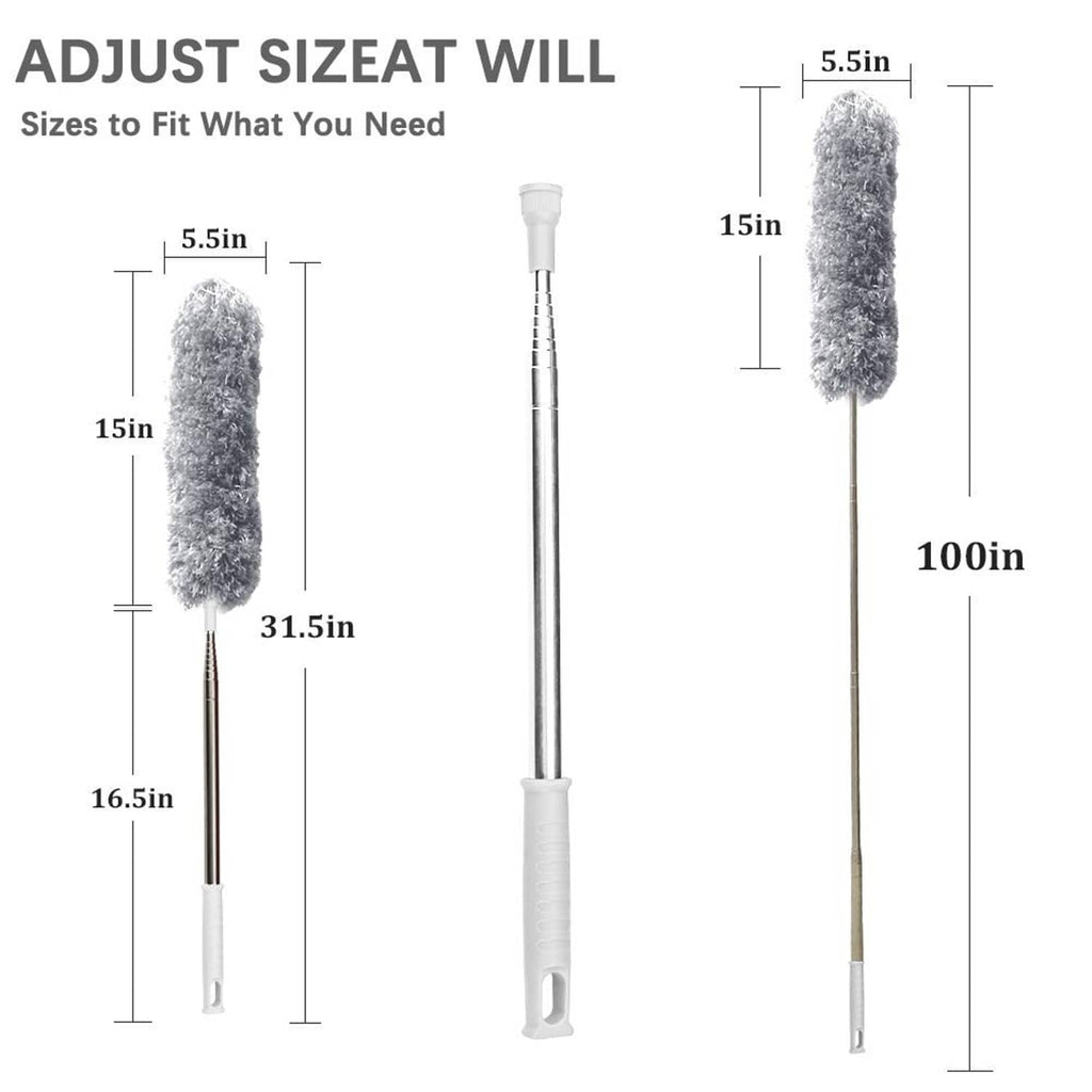 Extendable duster pole with gray microfiber head, size chart showing inches