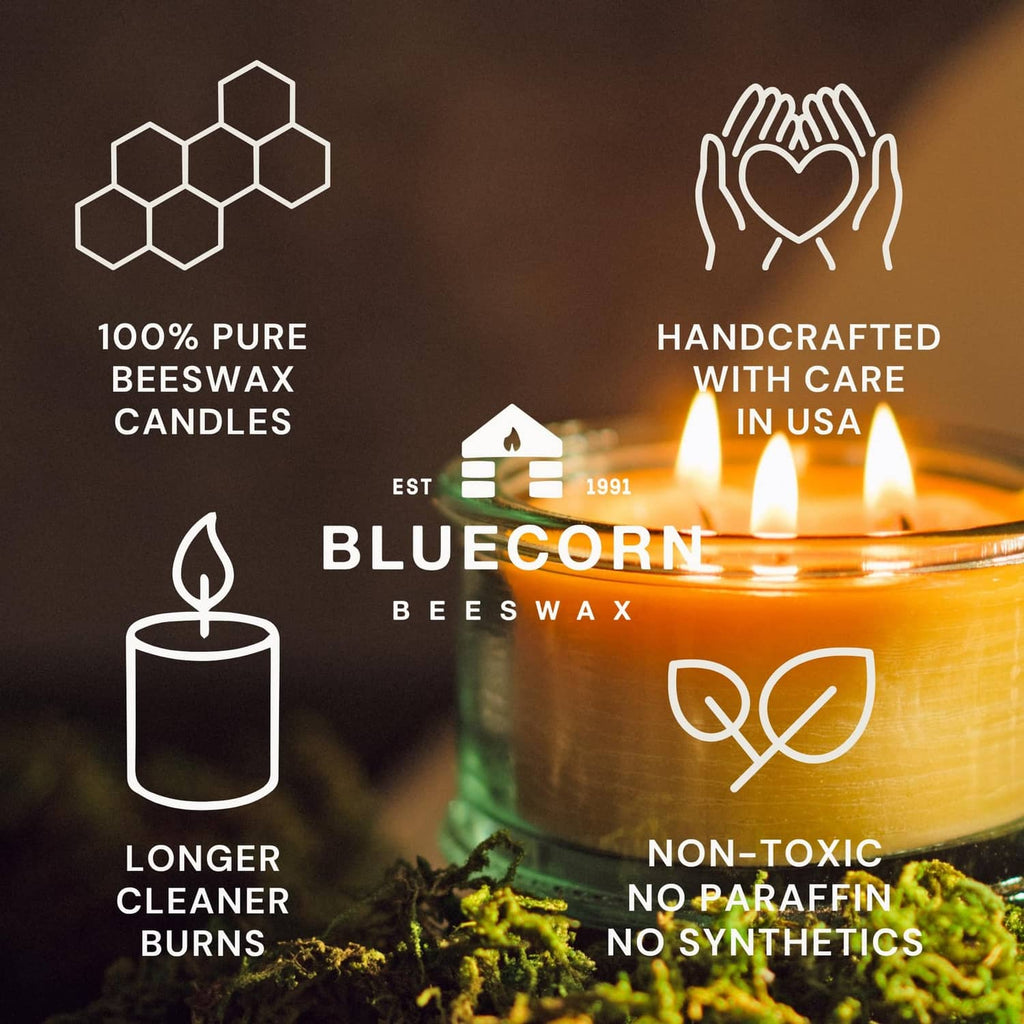 Lavender 3-wick beeswax candle with three flames in green glass jar and Bluecorn icons