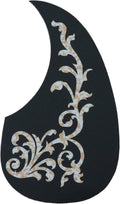Black teardrop guitar pickguard with ornate gold floral swirl design