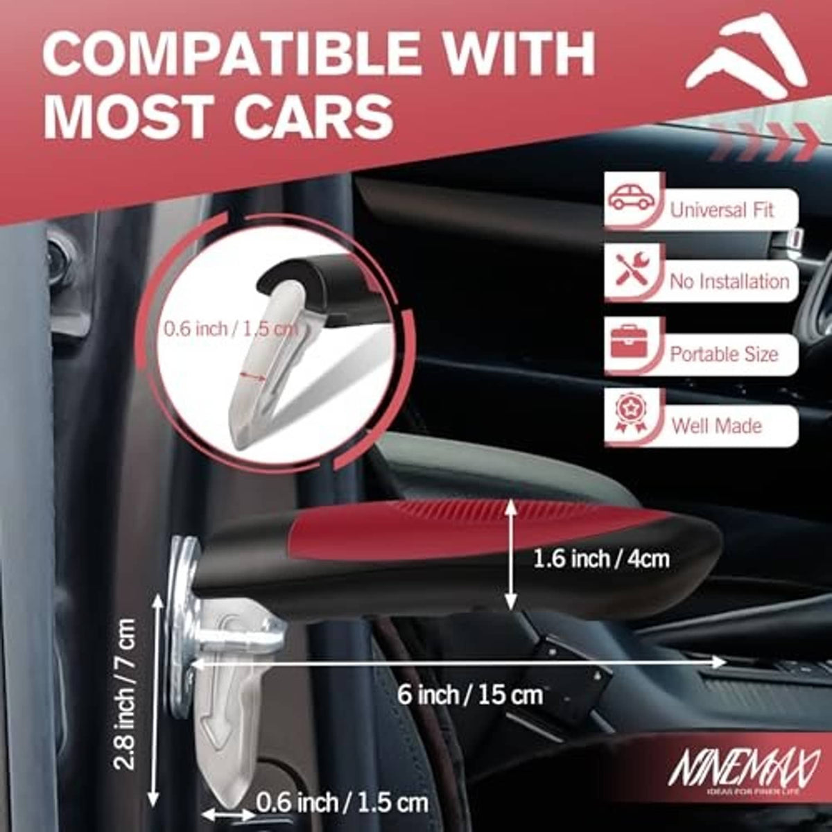 Red and black car door assist handle mounted on a car door interior near latch area
