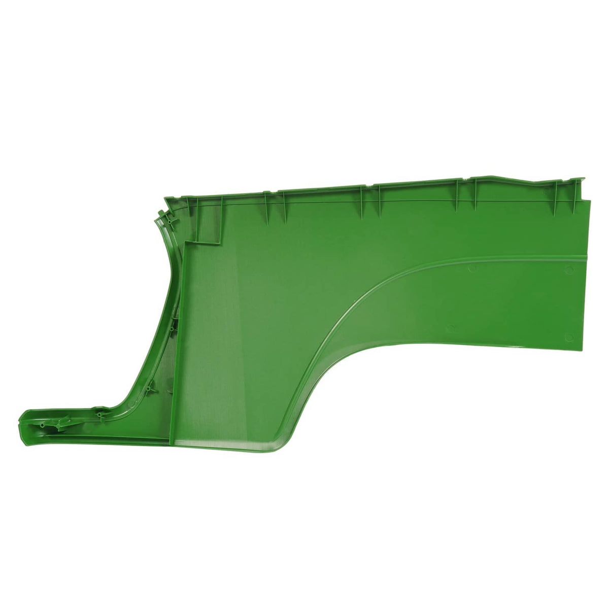 Green hood side panel with visible mounting points and textured top tabs, RH side.
