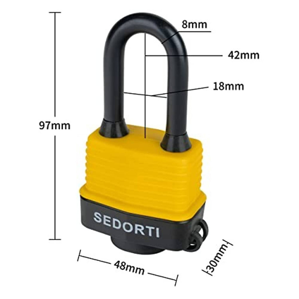 Yellow waterproof U-buckle padlock with size measurements (8mm, 18mm, 42mm, 97mm)