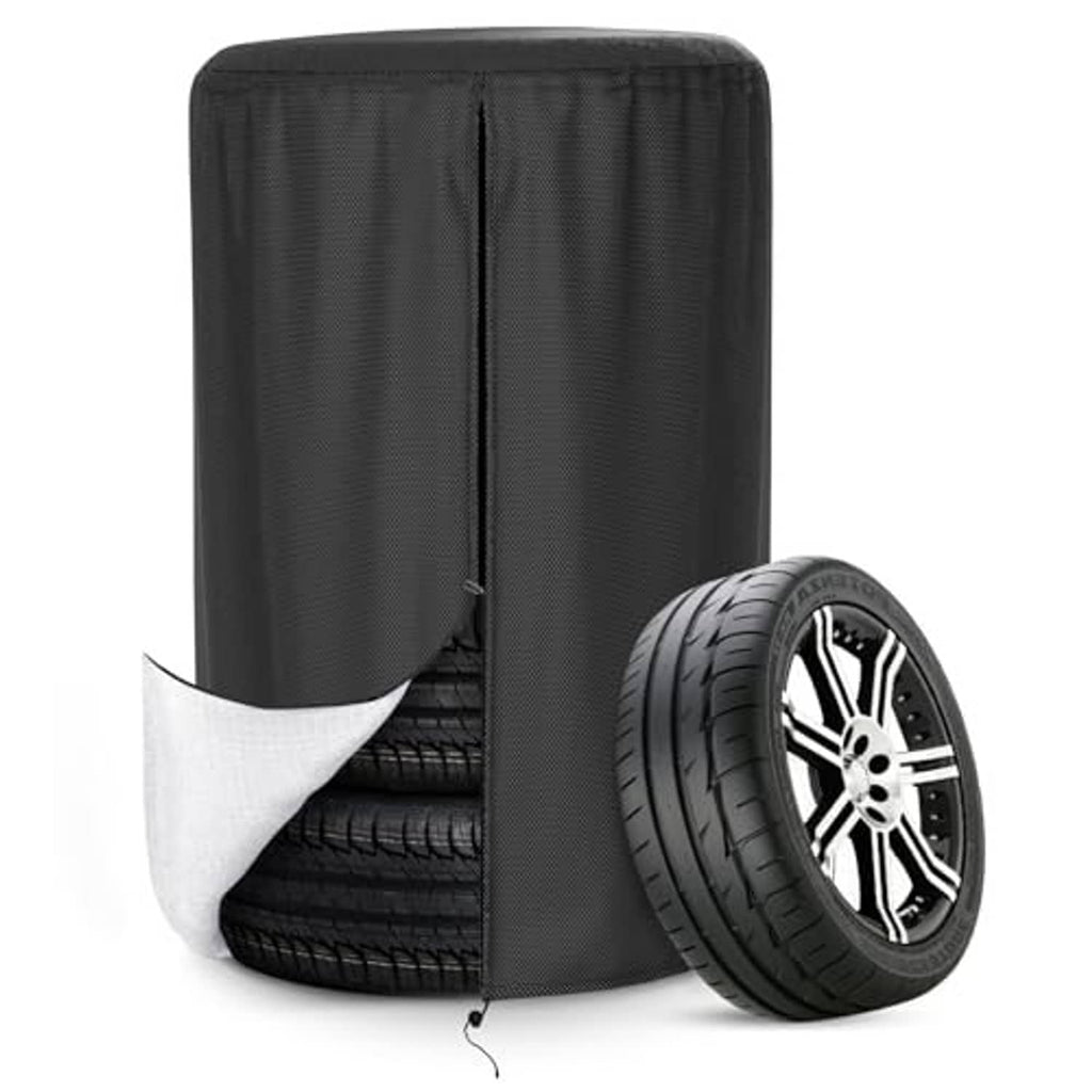 Black tire cover with drawstring opening and partially visible spare tire wheel