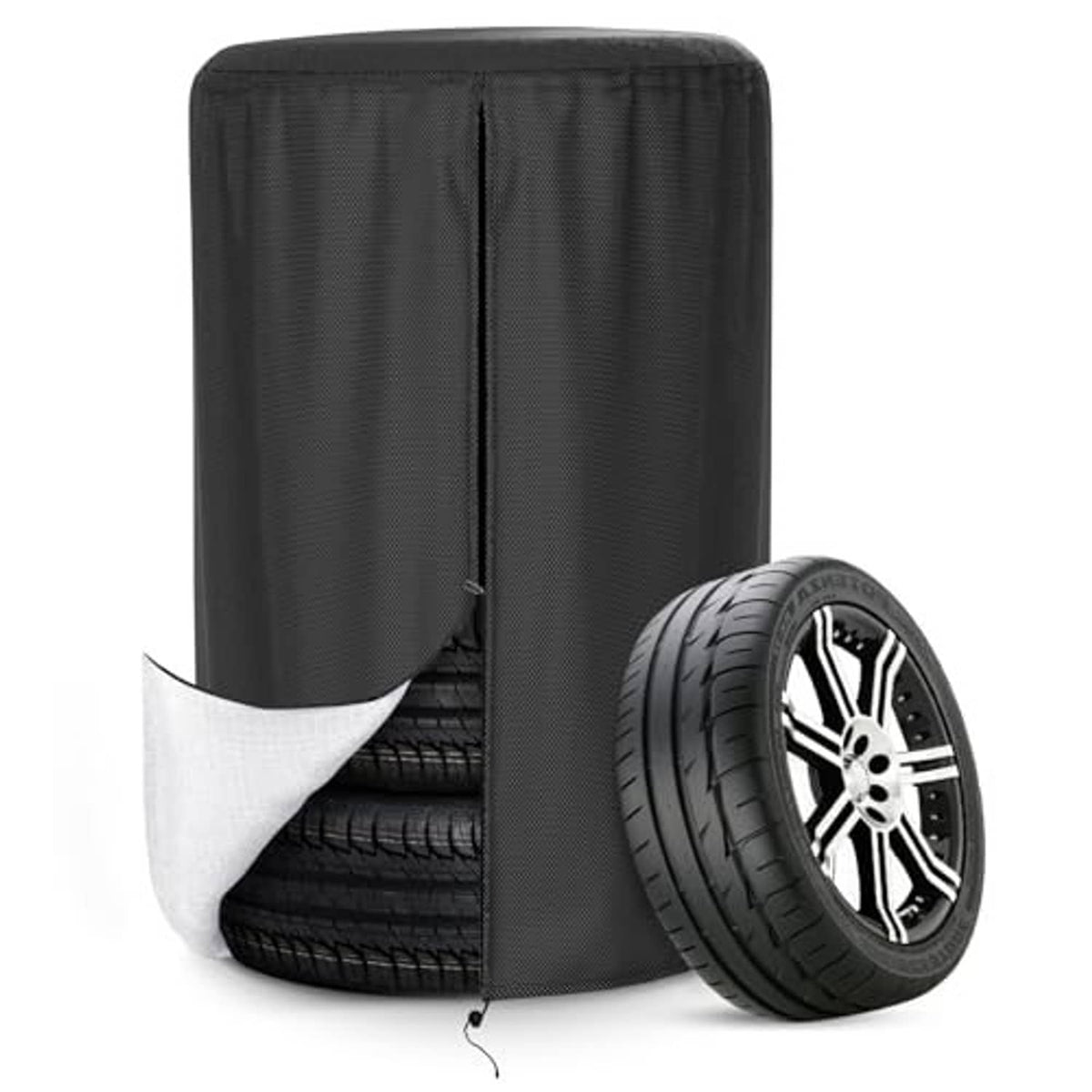 Black tire cover with drawstring opening and partially visible spare tire wheel