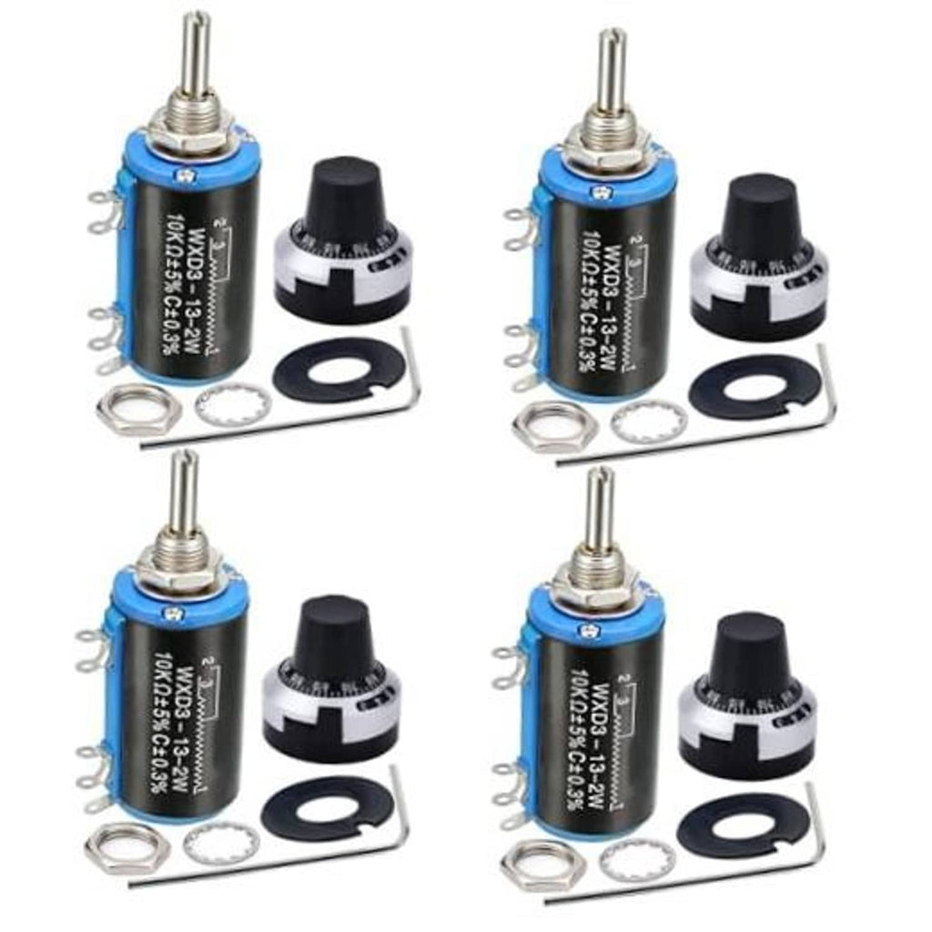 Set of four blue multi-turn rotary potentiometers with metal adjustment shafts and knobs
