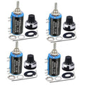 Set of four blue multi-turn rotary potentiometers with metal adjustment shafts and knobs