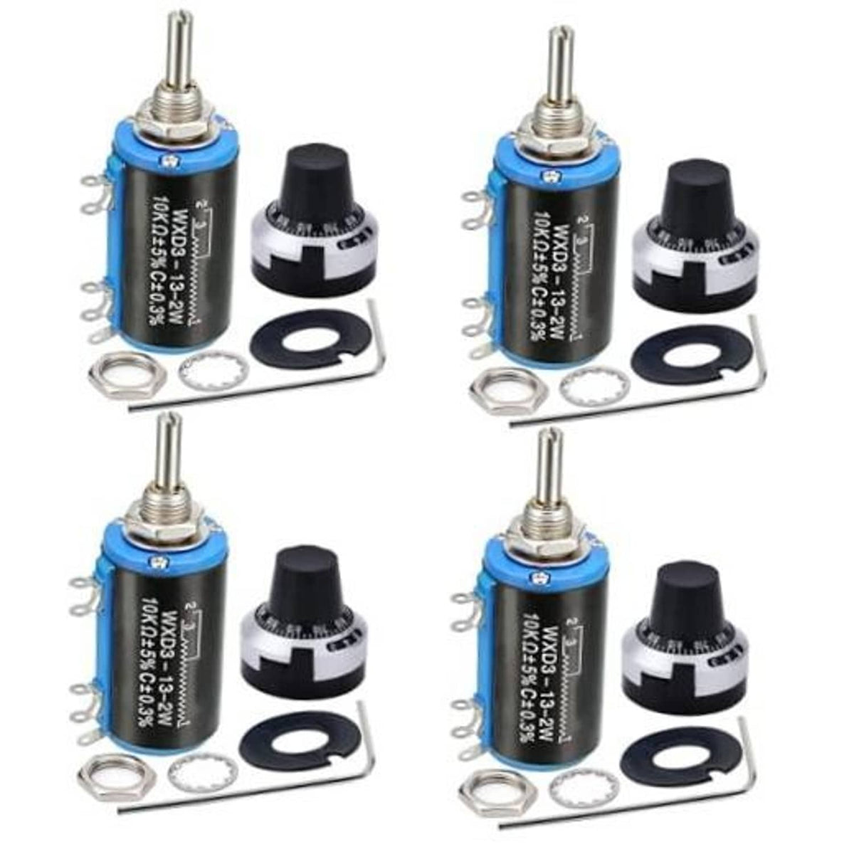 Set of four blue multi-turn rotary potentiometers with metal adjustment shafts and knobs