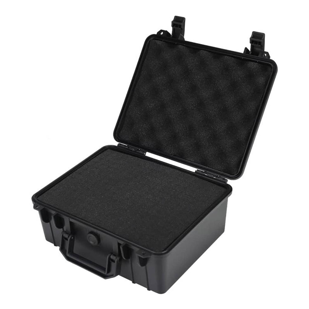 Black waterproof hard case with hinged lid open and gray foam insert