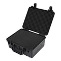 Black waterproof hard case with hinged lid open and gray foam insert