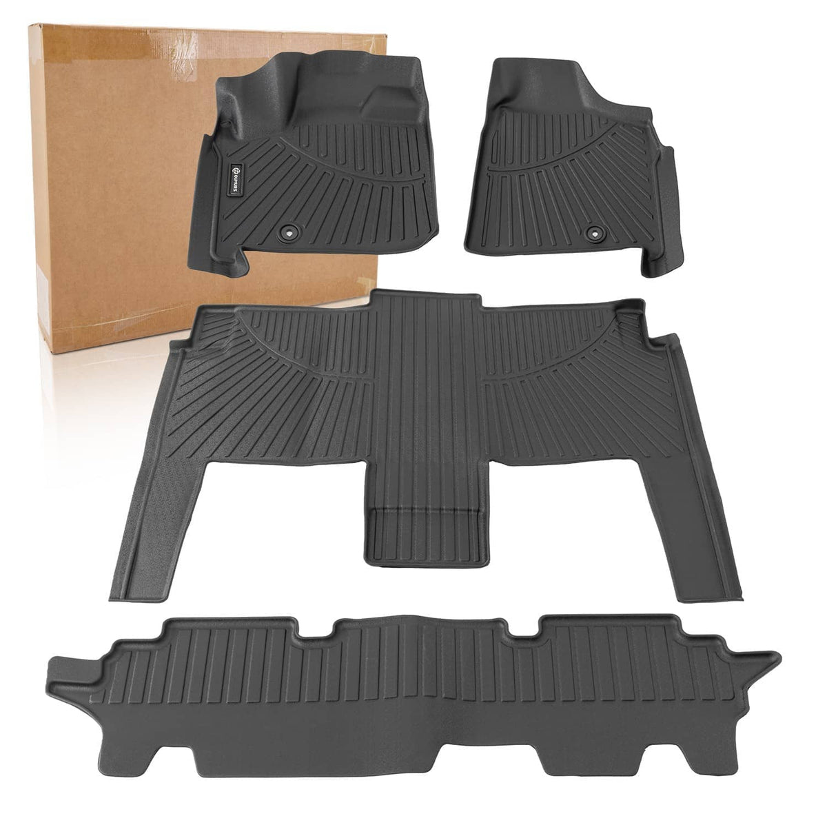 Three-row car floor mat set, dark gray molded rubber with side channels and bumps