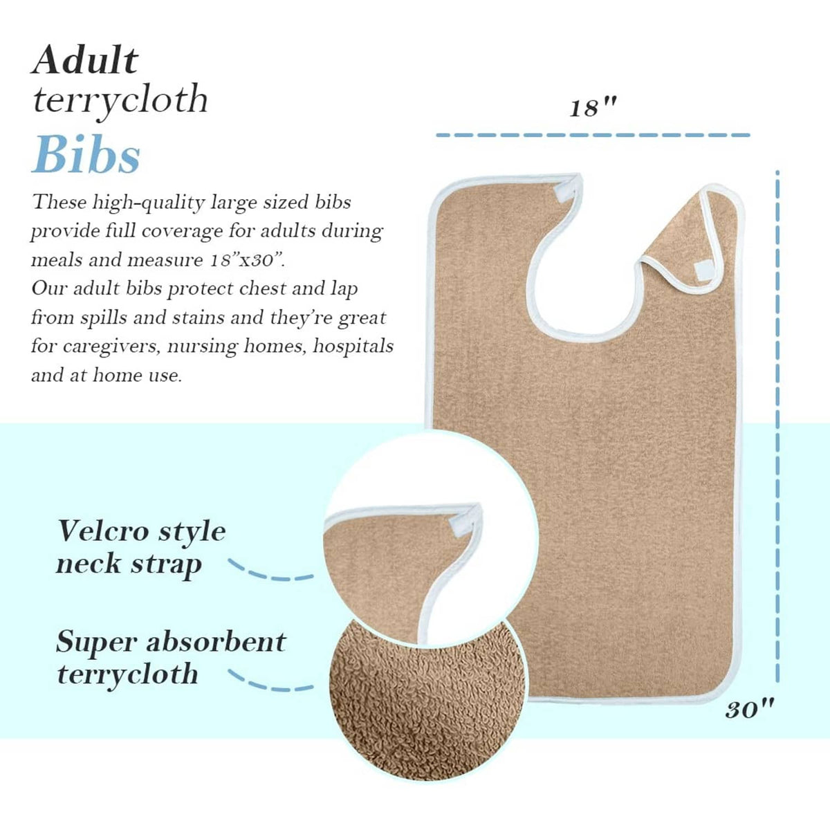 Beige terrycloth adult bib towel with white edging and hook-and-loop neck strap.