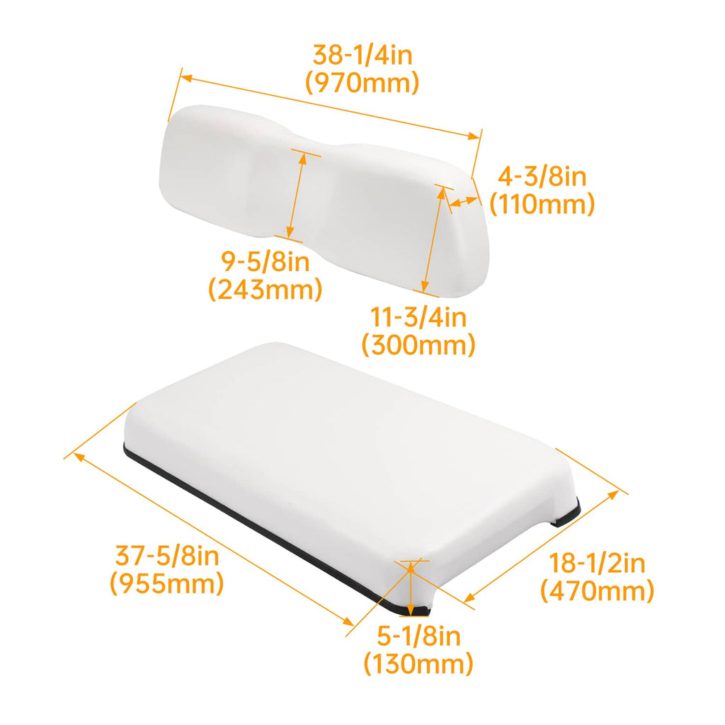 White seat cushion and backrest dimension diagram with measurement labels