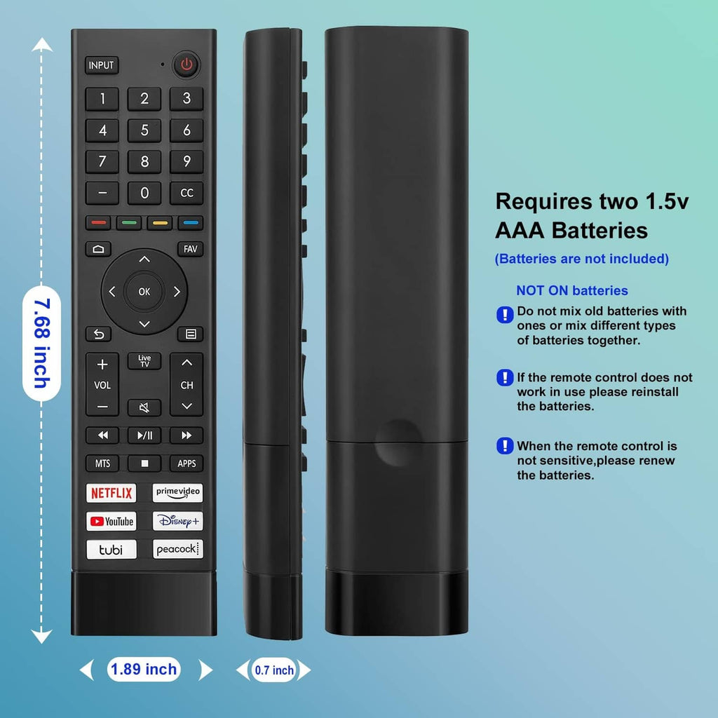 Gray TV remote front buttons and slim side profile, shown with height markers