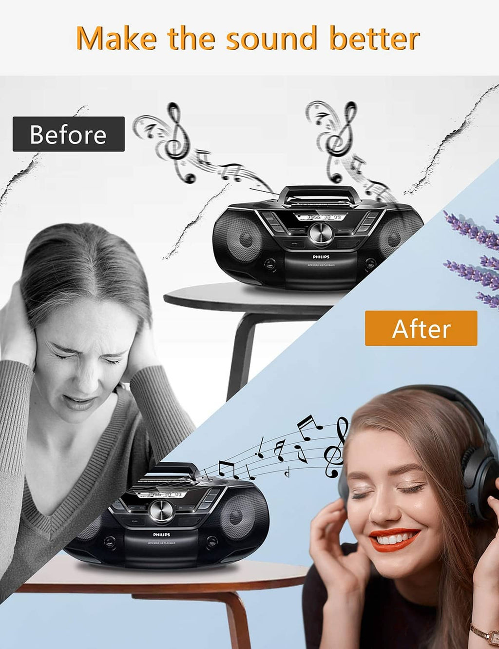 Portable audio cassette player before-and-after sound improvement graphic