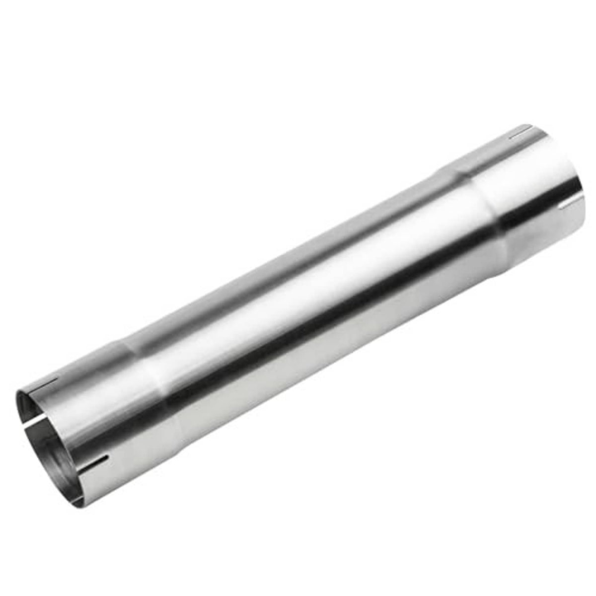 Polished stainless steel exhaust pipe, 4.5 inch OD, 17.3 inch length, side angle view