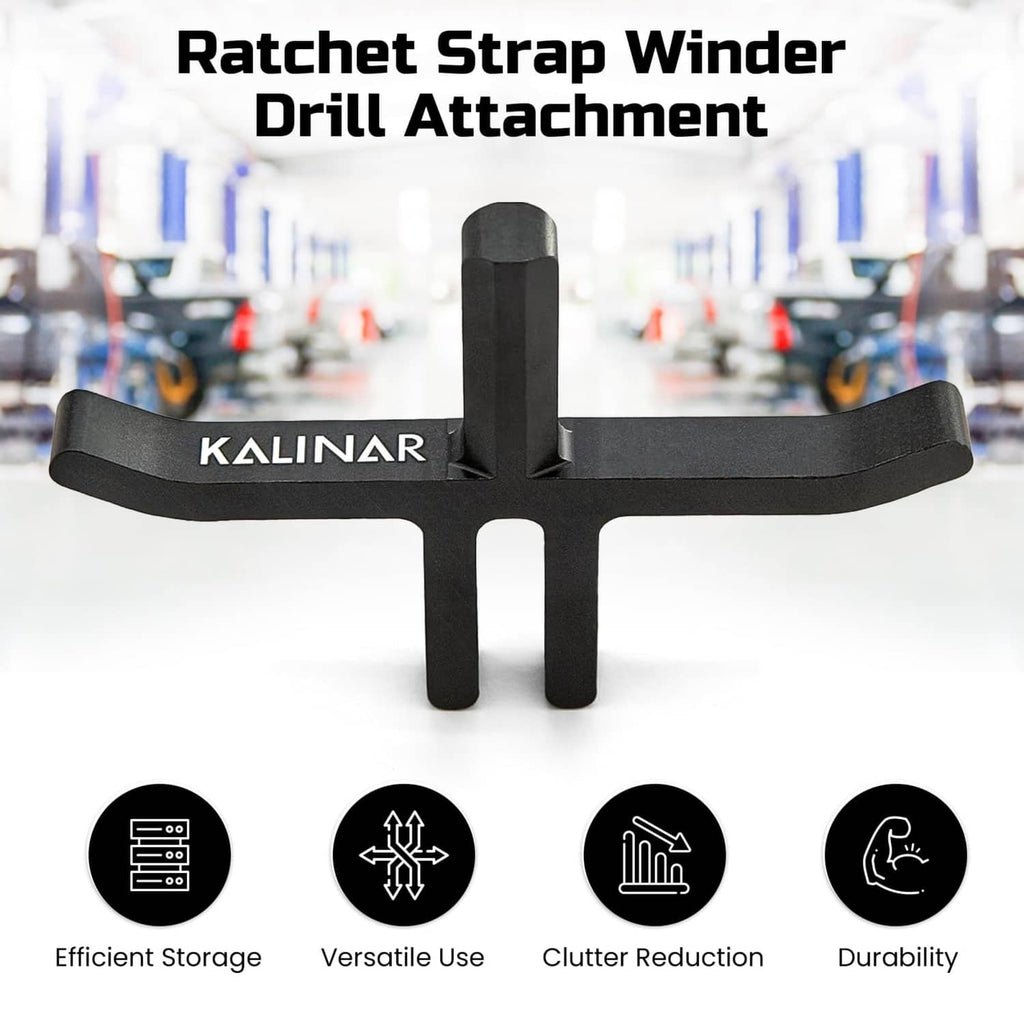 Ratchet strap winder drill attachment with KALINZAR logo, black five-arm stand
