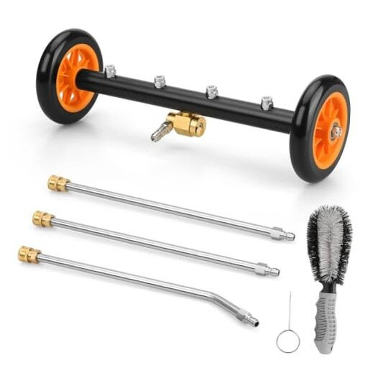 2-in-1 undercarriage pressure washer kit with orange wheels, extension wands, and brush